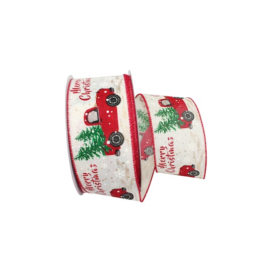 JAM Paper 2.5&#x22; x 10yd. Ivory Wired Tree in Truck Linen Holiday Ribbon